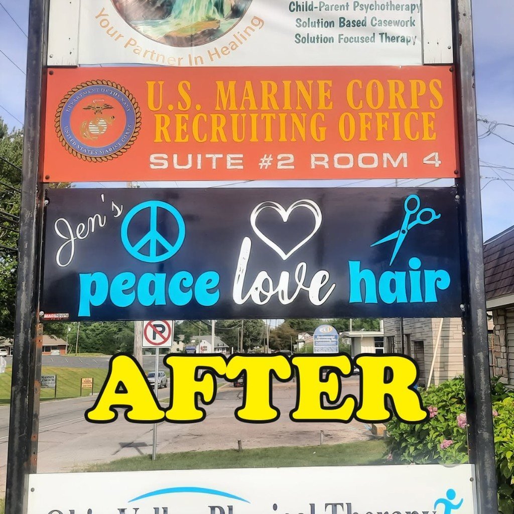 Jen's peace love hair salon panel after install on multi-tenant sign