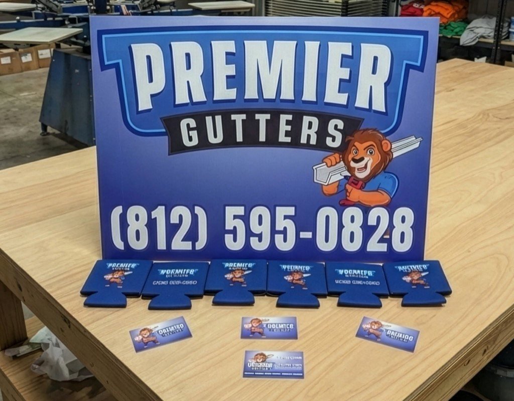 Premier Gutters yard sign, koozies and business cards brand kit