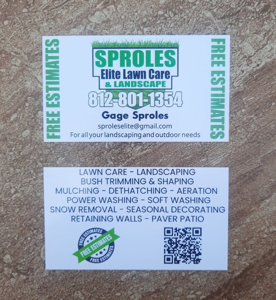 Front and back of Sproles Elite Lawn Care business cards
